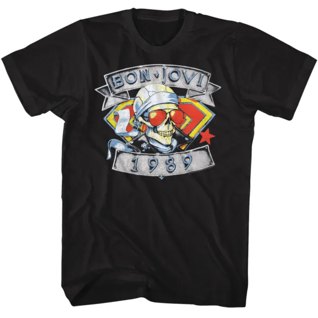 Bon Jovi 1989 Acciaio Cavallo Teschio da Sole Pelle Uomo T Shirt Rock Band Music