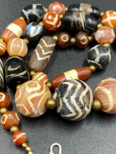 Etch carnelian  and Agate beads Antique Himalayan 7