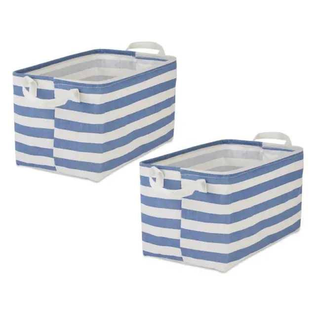 Cotton Polyester Laundry Bin Stripe French Blue Rectangle L (Set of 2)