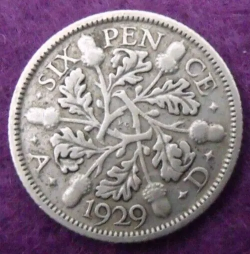 1929 GEORGE V SILVER SIXPENCE  ( 50% Silver )  British 6d Coin.   193