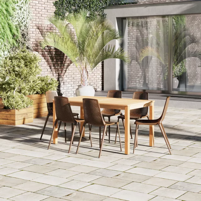 Amazonia Neuvy 7-Piece Outdoor Dining Set | Teak Finish | Brown Chairs