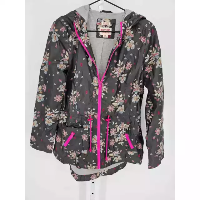 Mossimo Supply Womens Sz M Zip Up Hooded Rain Jacket Gray Pink Floral