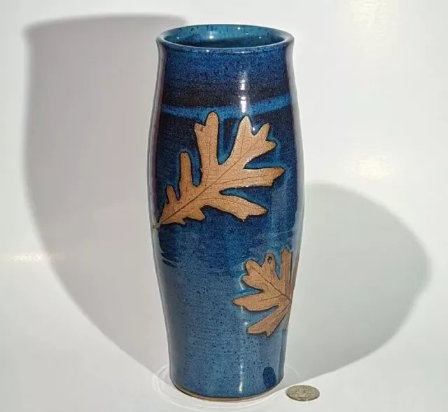Studio Art Pottery Ceramic 10" Vase Autumn Impressed Leaf Design Cobalt Signed