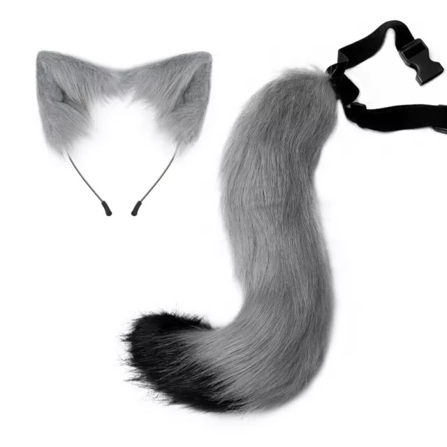 Adult Faux Fur Cat Ears 2Pcs Plush Fox Tail Carnival Animal Cosplay Elastic