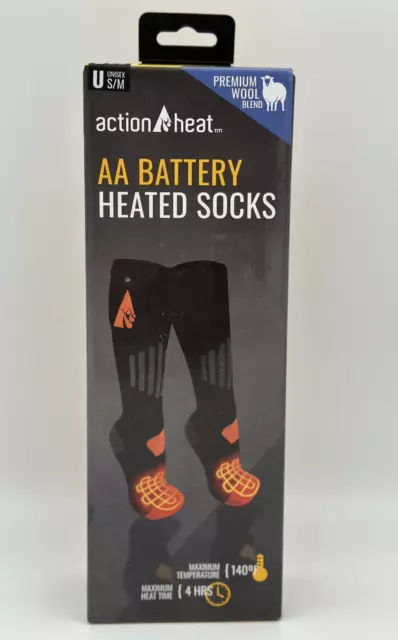 Action Heat Heated Socks Unisex Size Small Medium Premium Wool Blend AA Battery