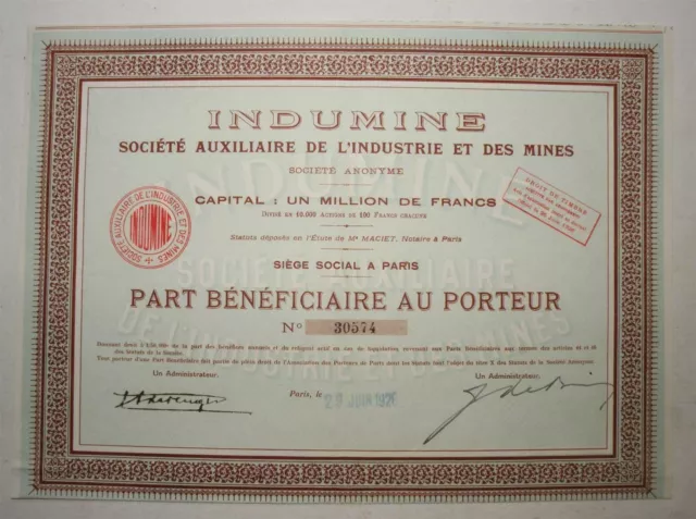 Part bénéficiaire - SA de L'Industrie et des Mines - Indumine ( 691  )