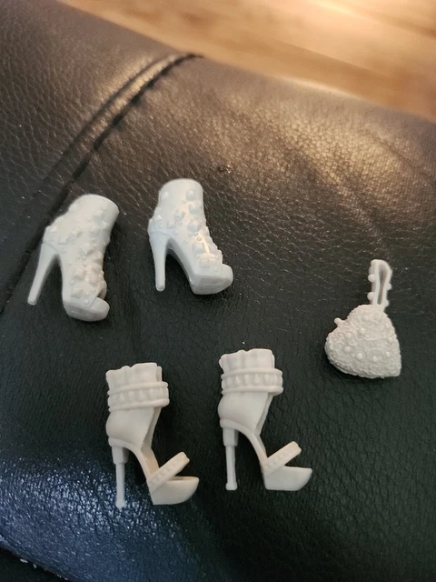 Lot of 2 Barbie Silver Grey High Heels Stiletto Doll Shoes & Heart Handbag Purse