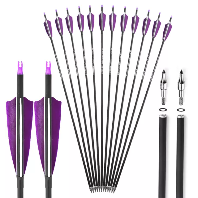 6/12 Archery Carbon Arrows 31" SP500 Feathers Tips Recurve Compound Bow Hunting