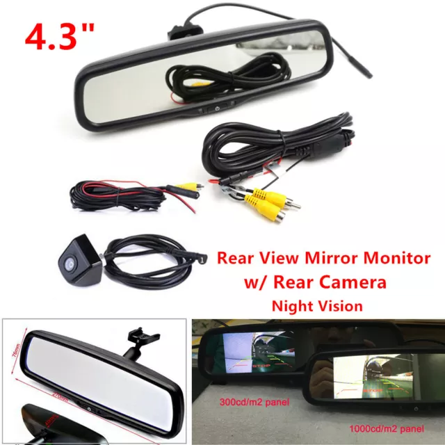 4.3" Auto Dimming Night vision TFT LCD Rearview Mirror Monitor +Camera Cable Kit