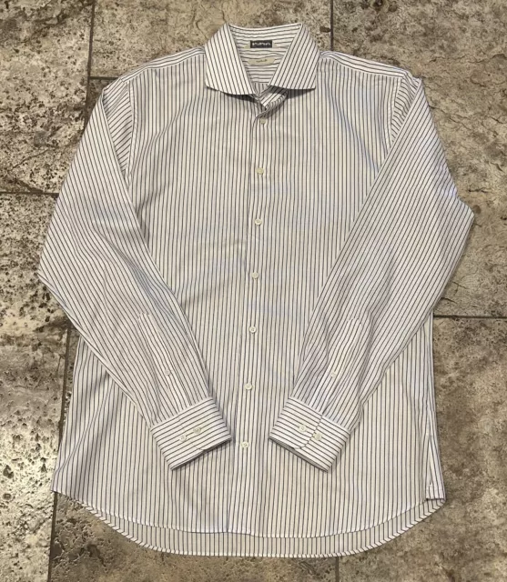 Suitsupply Traveller Button Up Shirt Blue White Stripe Size 17.5