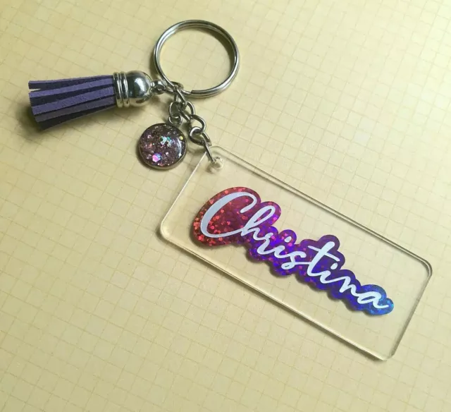 Personalised clear acrylic bag tag - custom name keyring back to school present
