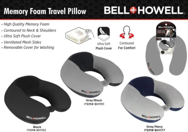 Bell+Howell Black Memory Foam Travel Neck Pillow  Washable Plush Cover