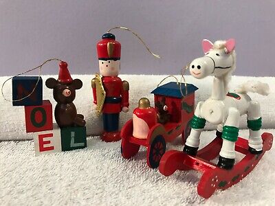 Christmas ornaments set of 4 wooden bear blocks soldier car pony rocker CH4482