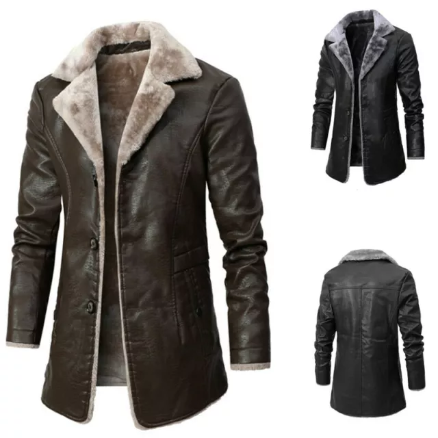 Mens Warm Winter Button Overcoat Leather Lamb Fur Lined Thick Coat Cowboy Jacket