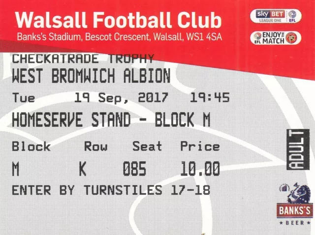 Ticket - Walsall v West Bromwich Albion 19.09.17 Checkatrade Trophy