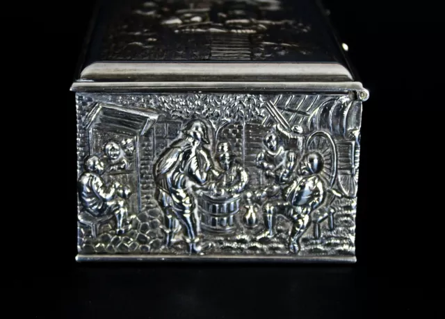 An Antique Dutch Solid Silver Cigar Box Decorated With Farm Workers Drinking 3