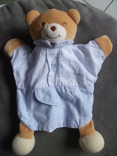Doudou TAKINOU ours bleu marionnette coeur rayé vichy