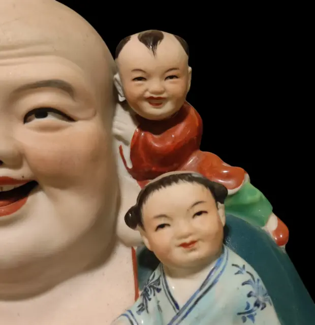 Old Chinese Porcelain Statue, Happy Buddha with 5 Children - Tongzhi Kids 3