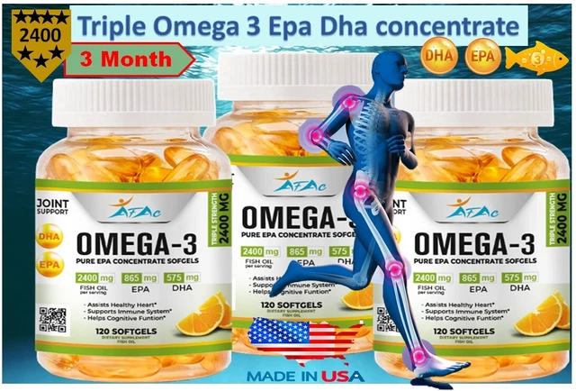 BEST TRIPLE STRENGTH Omega 3 Fish Oil Pills 3 MONTH SUPPLY 2400mg HIGH ...