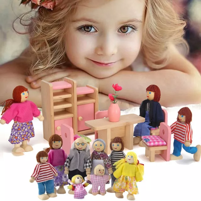 Wooden Furniture Dolls House Family Miniature 8 People Doll Toy For Kid Child