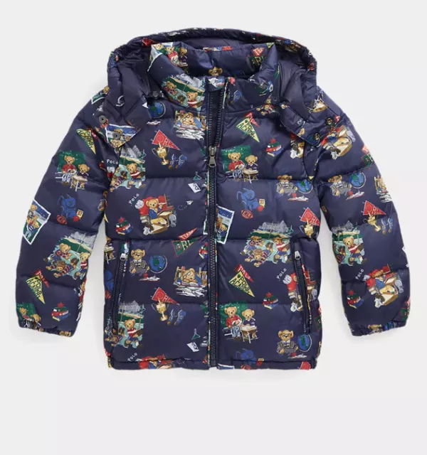 Polo Ralph Lauren Boy’s Bear AOP  Hooded Puffer Jacket Size L (14-16)  Duck Down