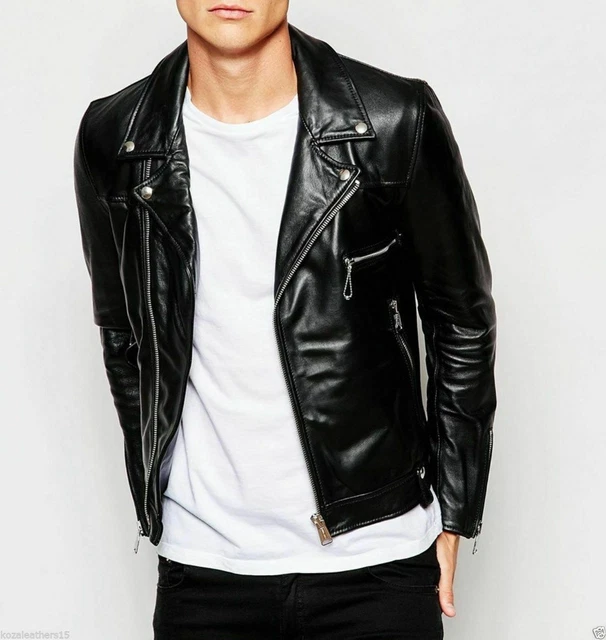 Men's Genuine Lambskin Leather Black Biker Jacket Classic Motorcycle Racer Coat