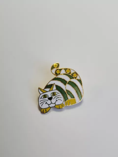 Cat With Green & Yellow Stripes Lapel Pin Vintage By Aviva