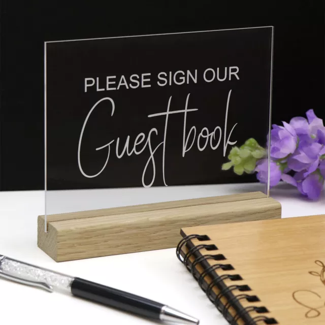 Clear Engraved Acrylic Guest Book Sign With Timber Base Wedding Table Decoration