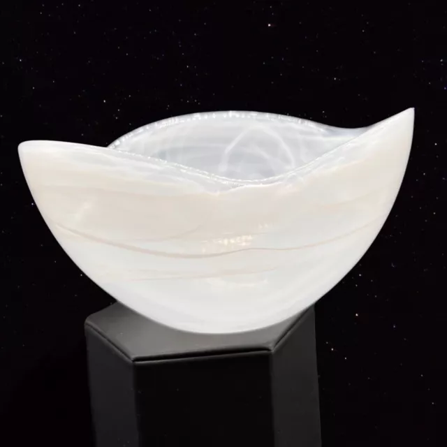 Studio Art Glass Swirly White Bowl Dish 3.25”T 6”W Hand Made Glass Vintage