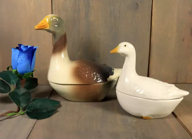 Set of 2 French Goose Pate Terrine Lidded Tureen Majolica Michel COUGANT Signed