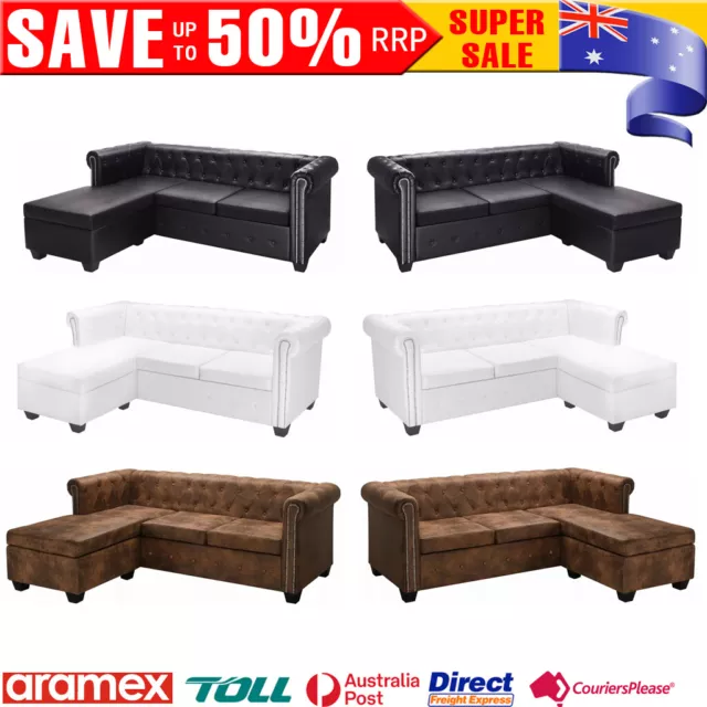 L-shaped Chesterfield Corner Sofa Faux Leather Chaise Lounge Couch Wooden Frame