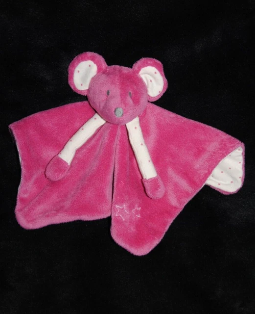 Doudou plat souris rose OBAIBI OKAIDI dessous blanc étoiles fuchsia nez gris