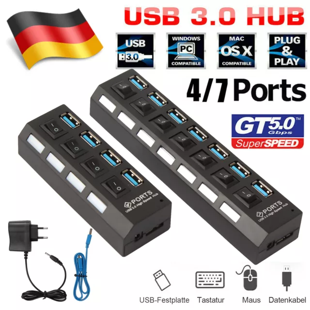 USB 3.0 Hub 4/7 Port Splitter Adapter mit Aktiv Netzteil Verteiler für PC Laptop