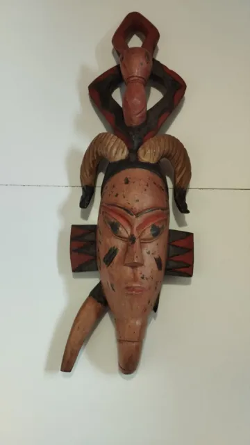 🟢African Mask hand carved wood Guro People Guru red Zaouli Gu Ram Horns 28 tall