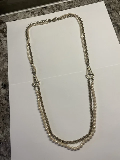 Signed J. Crew Multi Strand Faux Pearl Bead Costume Necklace Rhinestone