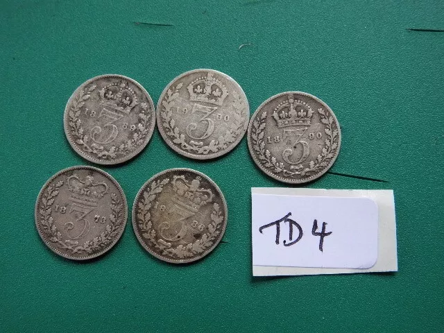 VICTORIA Threepence 1873, 86, 89, 90, 1900   Silver  coins 3D Silver  ref TD 4