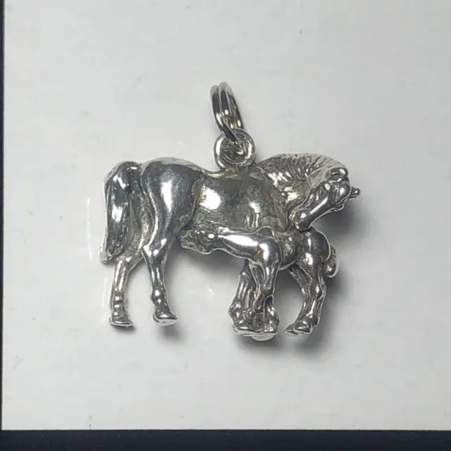 Vintage Suckling Foal Mare Horse Sterling Silver 3D Pendent Charm Animal Jewelry