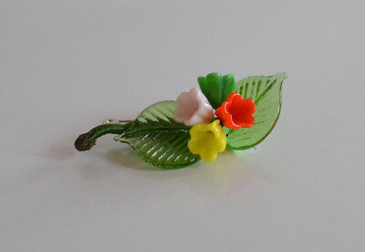 VINTAGE artist handcrafted molded glass colorful Flowers & Leafs Brooch Pin