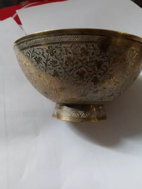 Engraved Brass Pedestal Bowl Etched Design Floral Motif Made In India VINTAGE