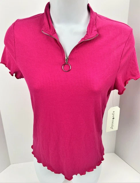 Junior Medium Eye Candy Fierce Hot Pink T Shirt 1/4 Zip Jersey Knit