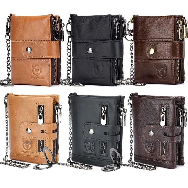 Mens Chain Wallet Genuine Leather RFID Blocking Biker Bifold with Coin Pocket