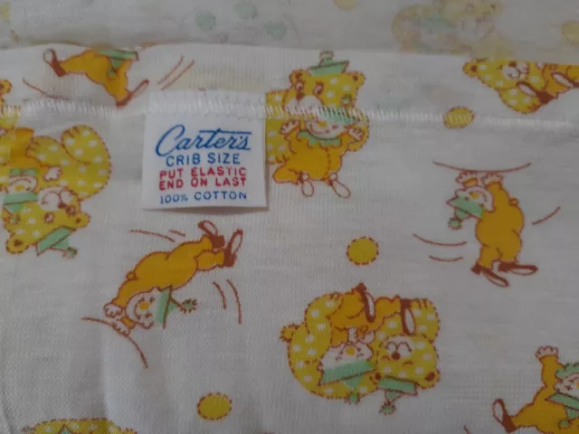 70s VINTAGE CARTERS 2 KNIT CRIB SHEETS  yellow/orange CLOWNS + BEARS EXCELLENT
