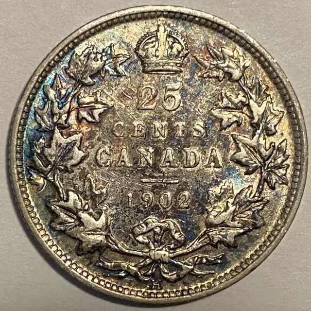 1902 H Canada 25 Cents Quarter Dollar Silver Beautifully Toned Coin - Edward VII