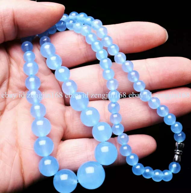 Pretty 6-14mm Natural Blue Chalcedony Round Gemstone Beads Necklace 18" AAA