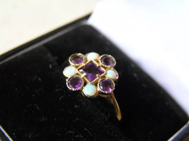 Stunning Georgian Style 9ct Yellow Gold Amethyst & Opal Dress Ring Size Q 2.4g