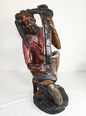 African Jamaican Wood Rasta Carving Man Playing Guitar #1 Large Hand Carved
