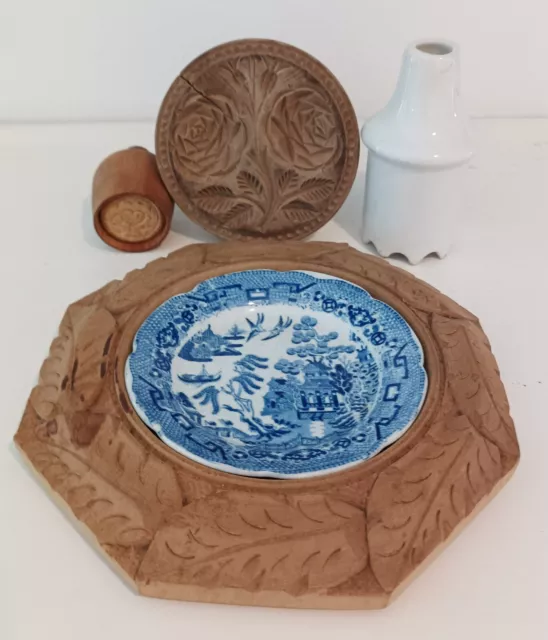 Antique Wooden Butter Dish & 2 Butter Pat Moulds