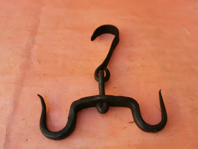 ANTIQUE VERY RARE OLD HAND FORGED WROUGHT IRON HOOK HANGER 19th