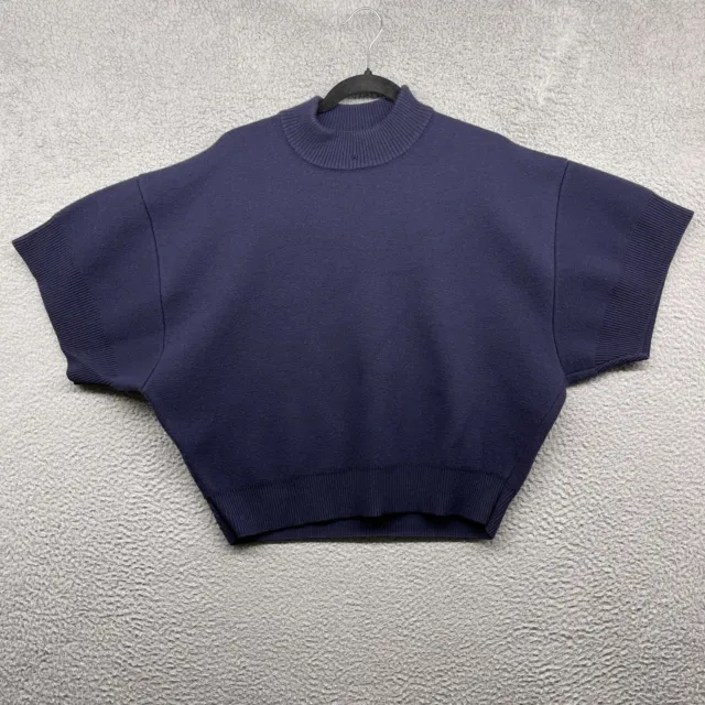 Balenciaga Womens Sweater Blue Knit Short Sleeve Mock Neck Pullover Size 38