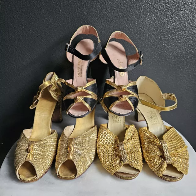 1930s 1940s Gold Heels Metallic Dancing Shoes Formal Saks Fifth Avenue VTG Lot